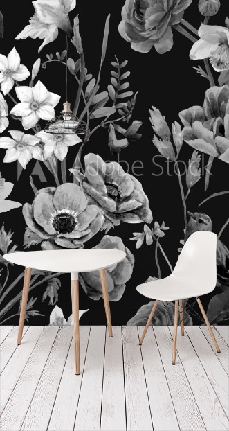 Picture of Beautiful vector floral summer seamless pattern with watercolor flowers Black and white monochrome stock illustration